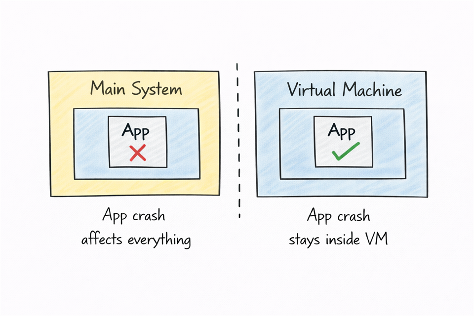 Comparison of crashes on a main system versus inside a virtual machine